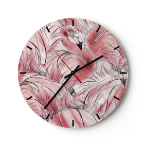 Ceas de perete - Ceas pe sticlă - Flamingi roz într-o compoziție dinamică și artistică - 30x30cm - Corpul de balet al păsărilor - Decorațiune modernă pentru perete pentru living, bucătărie și dormitor ARTTOR