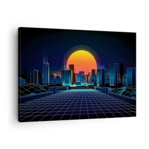 Tablou pe pânză Canvas - Orizont urban futurist în stil neon - 70x50cm - Încă mai vrei să ajungi la lumea reală? - Decorațiune modernă pentru perete pentru living și dormitor ARTTOR