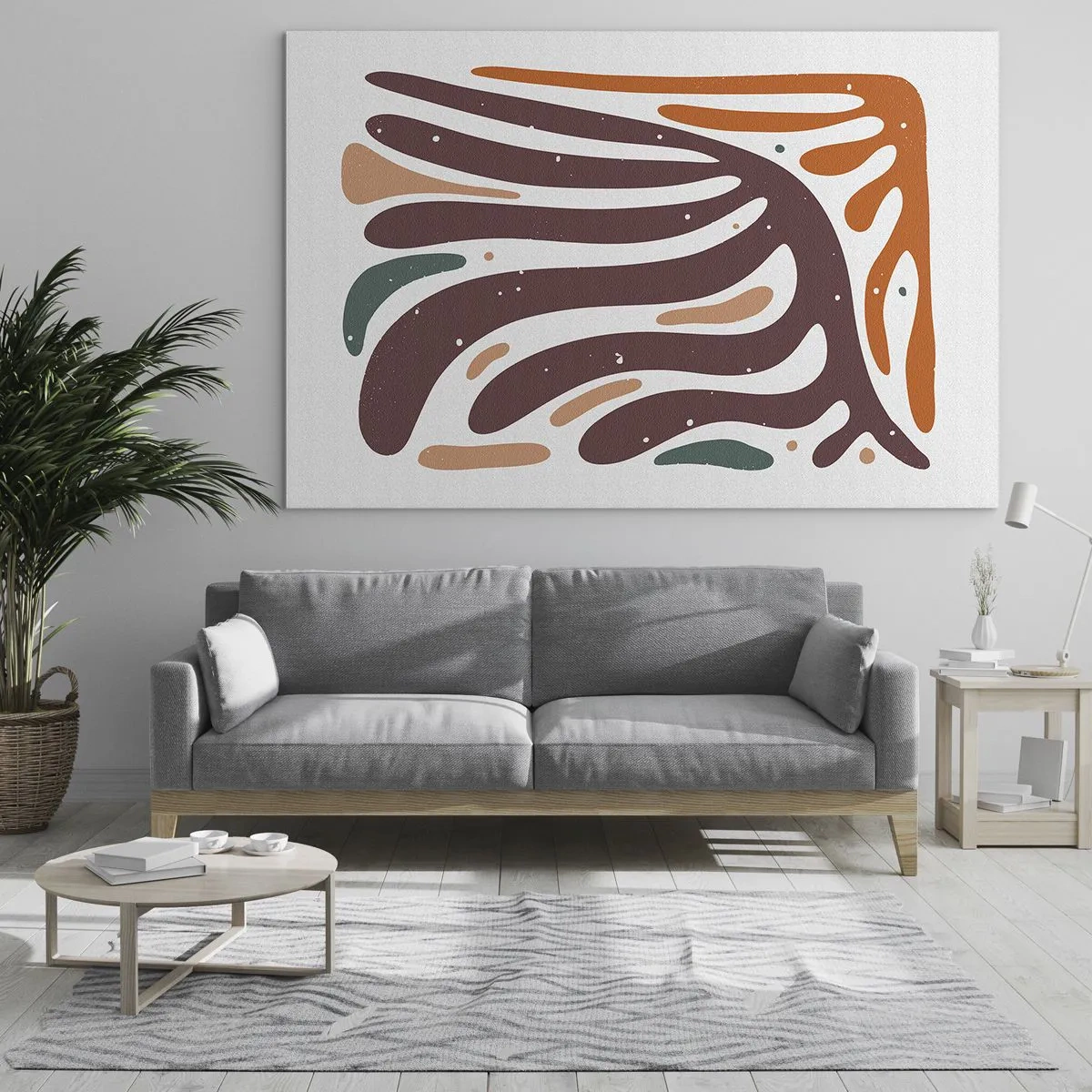 Tablou pe sticlă - Forme abstracte în nuanțe de maro și portocaliu care radiază pe un fundal alb - 70x50cm - Compoziție organică radială - Decorațiune modernă pentru perete pentru living și dormitor ARTTOR