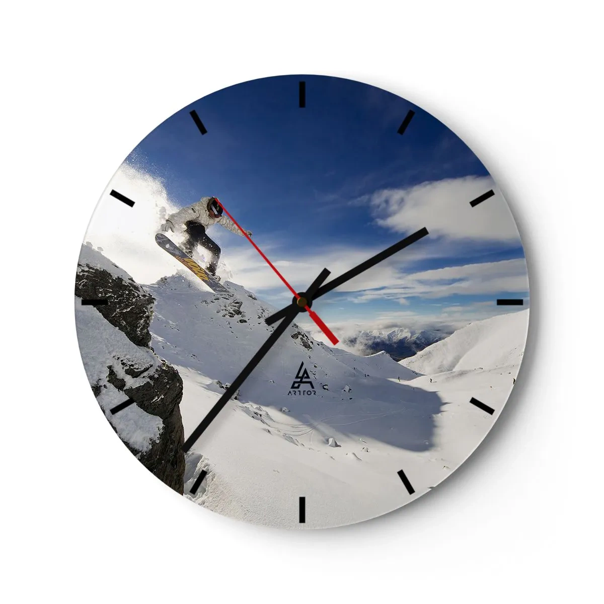Ceas de perete - Ceas pe sticlă - Snowboarder în acțiune cu munții în fundal - 30x30cm - Libertate fără frontiere - Decorațiune modernă pentru perete pentru living, bucătărie și dormitor ARTTOR