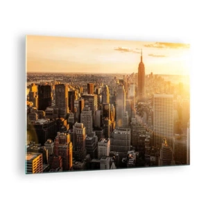 Tablou pe sticlă - Orizontul orașului New York la apus - 70x50cm - Crescând la soare - Decorațiune modernă pentru perete pentru living și dormitor ARTTOR