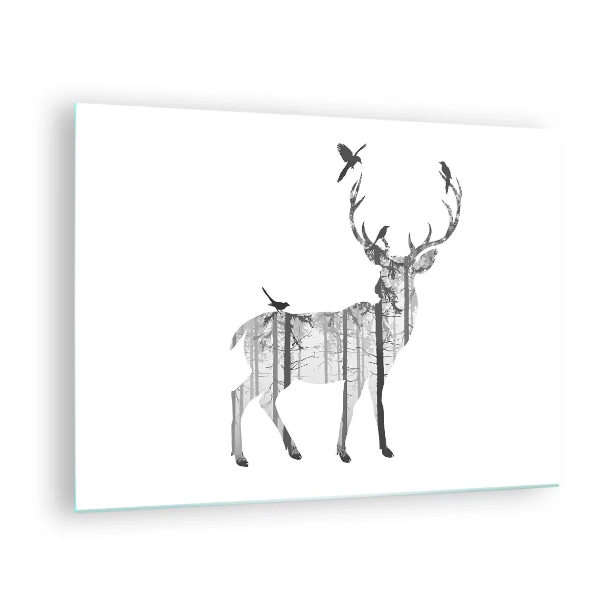 Tablou pe sticlă - Siluetă grafică a unui cerb cu motiv forestier și păsări - 70x50cm - Spiritul bun al pădurii - Decorațiune modernă pentru perete pentru living și dormitor ARTTOR