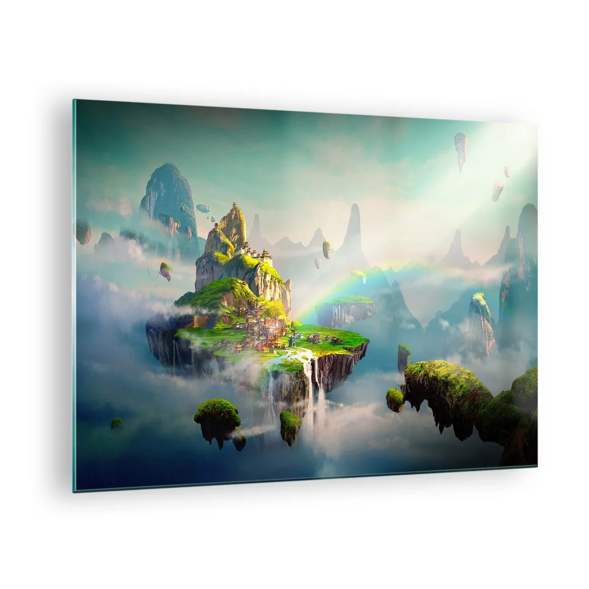 Tablou pe sticlă - Insule zburătoare în nori cu curcubee și cascade - 70x50cm - Insule fericite - Decorațiune modernă pentru perete pentru living și dormitor ARTTOR