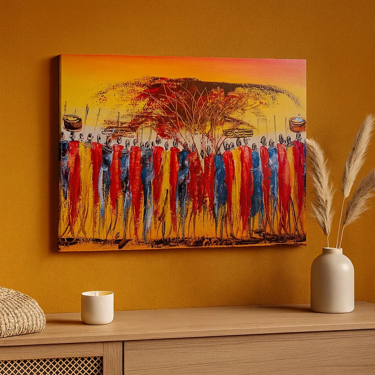 Tablou pe pânză Canvas - O scenă colorată cu figuri africane pe fundalul soarelui la apus. - 70x50cm - Acolo, acolo, acolo, acolo se duc - Decorațiune modernă pentru perete pentru living și dormitor ARTTOR