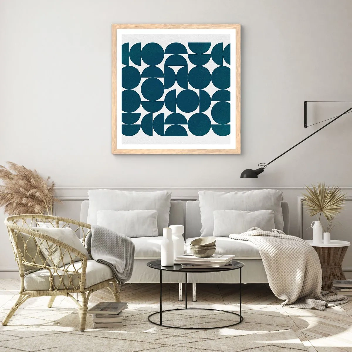 Poster în ramă de stejar deschis - Cercuri și semicercuri - 50x50 cm