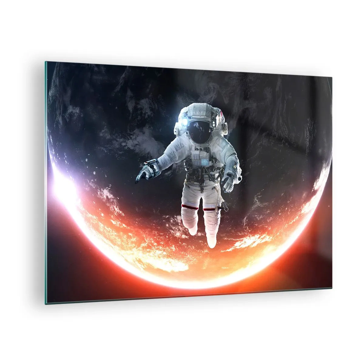 Tablou pe sticlă - Astronautul în spațiu cu o planetă în fundal - 70x50cm - Pot să mai stau un pic? - Decorațiune modernă pentru perete pentru living și dormitor ARTTOR