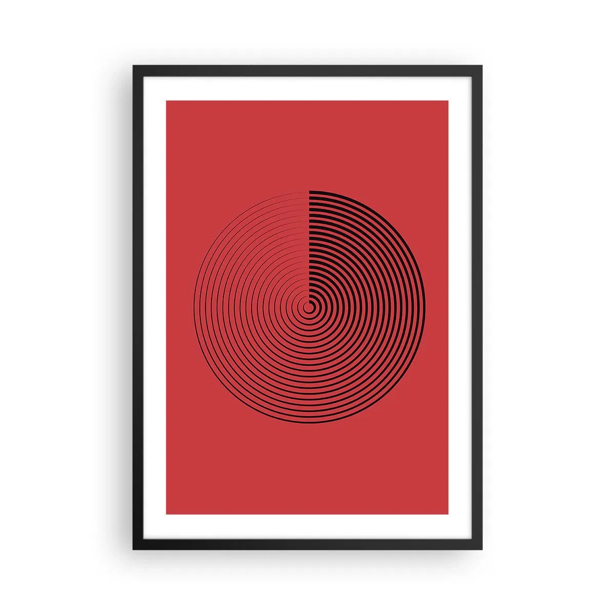 Poster în ramă neagră - Spirală geometrică pe fundal roșu în stil minimalist - 50x70cm - Mișcare circulară - Decorațiune modernă pentru perete pentru living și dormitor ARTTOR