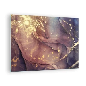 Tablou pe sticlă - O compoziție abstractă cu pete și structură mov și aurii. - 70x50cm - Materie și spirit - Decorațiune modernă pentru perete pentru living și dormitor ARTTOR