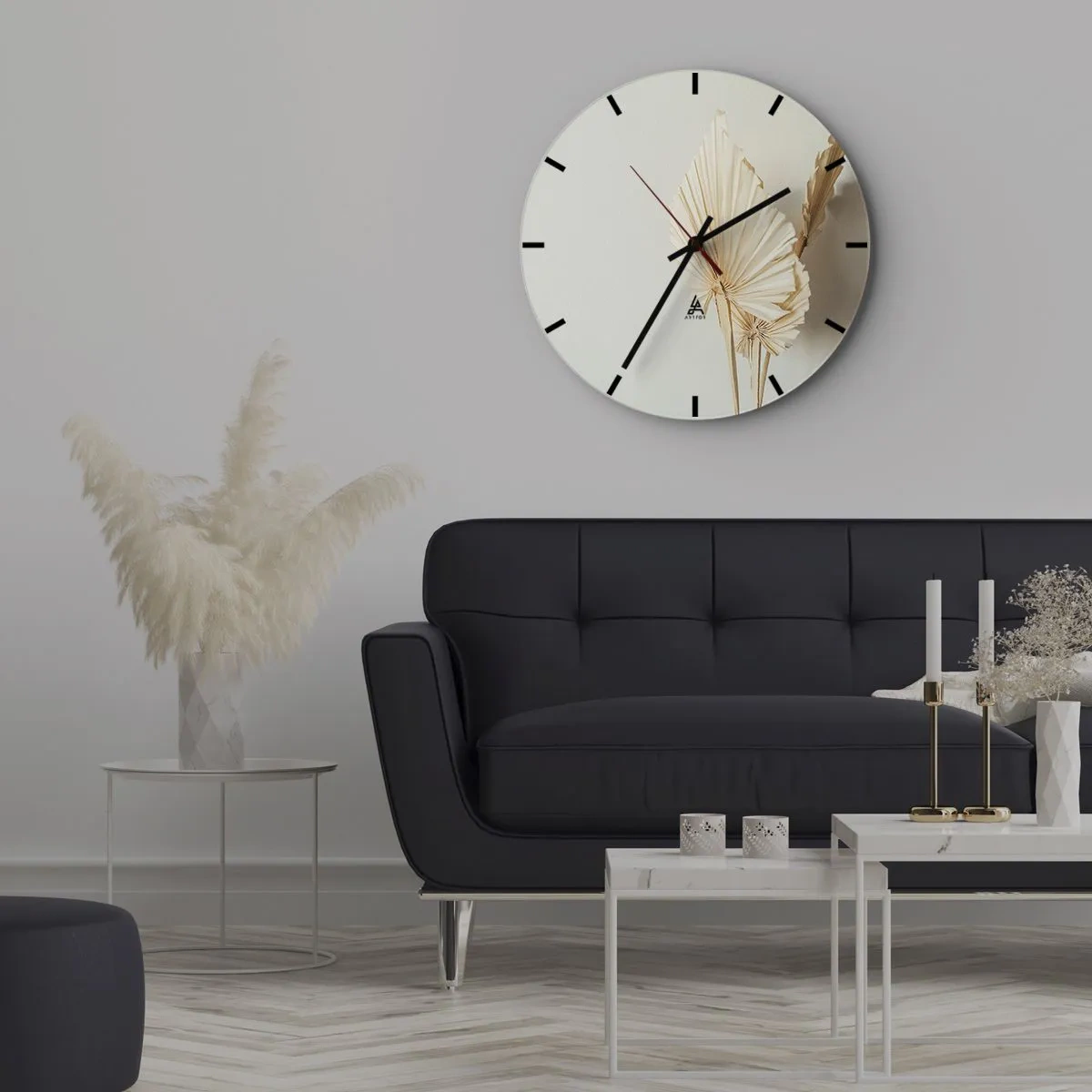 Ceas de perete - Ceas pe sticlă - Frunze de palmier uscate pe un fundal bej în stil boho - 30x30cm - Când este nevoie de ușurare - Decorațiune modernă pentru perete pentru living, bucătărie și dormitor ARTTOR