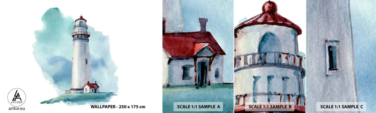 Mostră de Tapet Standard Eco - Sora blândă a albastrului - Far, Litoral, Desen - 100x30 cm