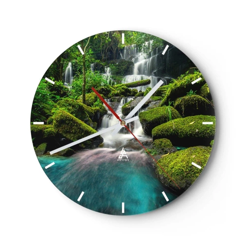 Ceas de perete - Ceas pe sticlă - O cascadă verde cu un lac turcoaz înconjurat de mușchi - 30x30cm - Turcoaz, safir și argint lichid - Decorațiune modernă pentru perete pentru living, bucătărie și dormitor ARTTOR