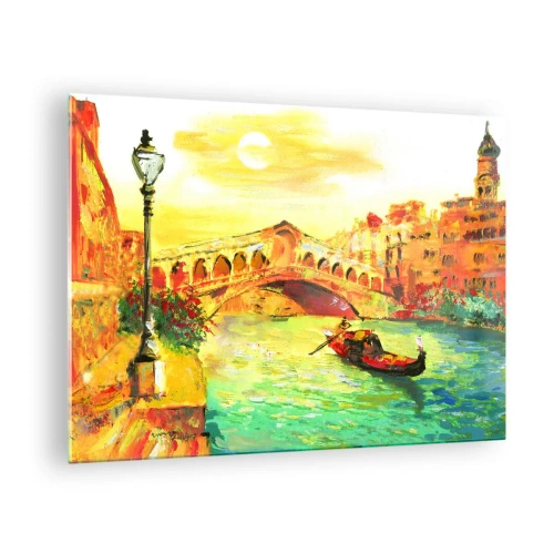 Tablou pe sticlă - Canal cu gondolă și pod în razele soarelui apus - 70x50cm - Pelerinaj de îndrăgostiți - Decorațiune modernă pentru perete pentru living și dormitor ARTTOR