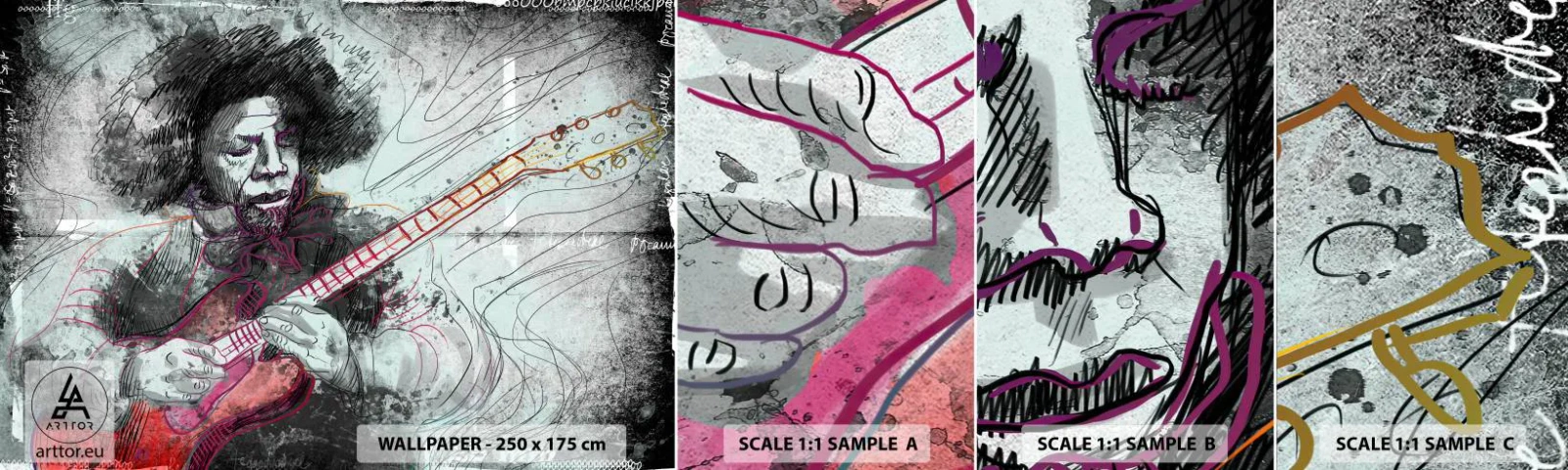 Mostră tapet autocolant Deluxe Sticker - Pe valurile muzicii - Muzică, Chitarist, Instrument - 100x30 cm