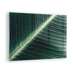 Tablou pe sticlă - Detaliu al unei frunze de bananier într-o nuanță intensă de verde - 70x50cm - Ritmul naturii - Decorațiune modernă pentru perete pentru living și dormitor ARTTOR