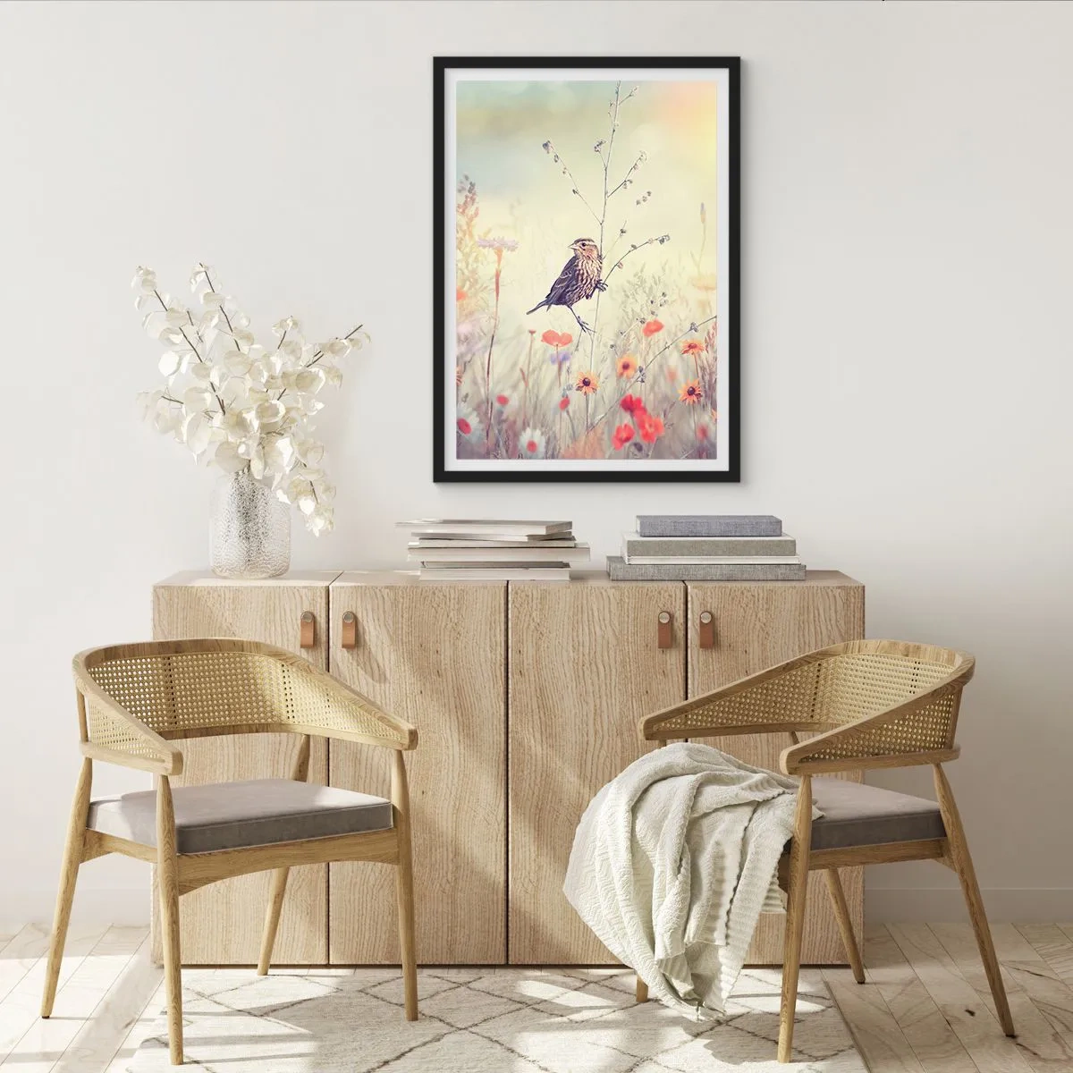 Poster în ramă neagră - O pasăre într-o pajiște în culori pastelate delicate - 50x70cm - Portret de pasăre cu o pajiște în fundal - Decorațiune modernă pentru perete pentru living și dormitor ARTTOR