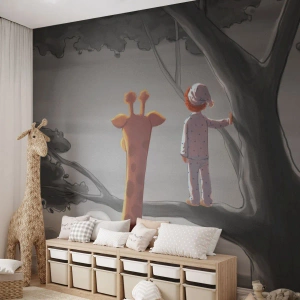 Tapet Standard Eco - Un băiat în pijamale și o girafă într-un copac în timpul răsăritului soarelui - 100x70cm - Acest lucru se întâmplă cu adevărat - Decorațiune modernă pentru perete pentru living și dormitor ARTTOR