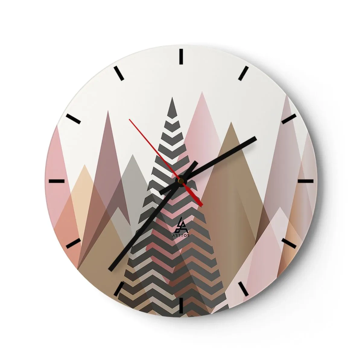 Ceas de perete - Ceas pe sticlă - Munți și copaci geometrici în nuanțe pastelate - 30x30cm - Construcție piramidală - Decorațiune modernă pentru perete pentru living, bucătărie și dormitor ARTTOR