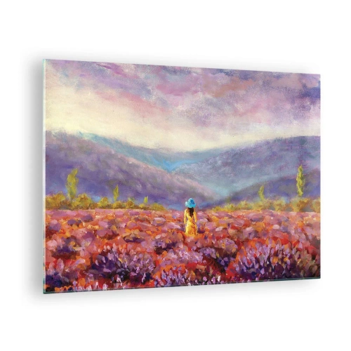 Tablou pe sticlă - O figură purtând o pălărie într-un câmp de lavandă la amurg - 70x50cm - Într-o lume de lavandă - Decorațiune modernă pentru perete pentru living și dormitor ARTTOR