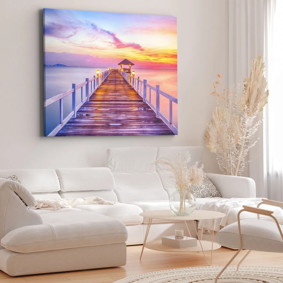Tablou pe pânză Canvas - Un dig peste apă la apus în culori pastelate - 70x50cm - Tăcerea serii în liliac-auriu - Decorațiune modernă pentru perete pentru living și dormitor ARTTOR