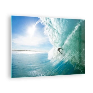 Tablou pe sticlă - Un surfer călărind un val pe un cer albastru - 70x50cm - Întotdeauna pe val - Decorațiune modernă pentru perete pentru living și dormitor ARTTOR