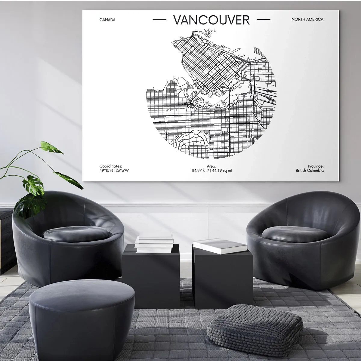 Tablou pe sticlă - Hartă stradală alb-negru a orașului Vancouver - 70x50cm - Anatomia Vacouverului - Decorațiune modernă pentru perete pentru living și dormitor ARTTOR