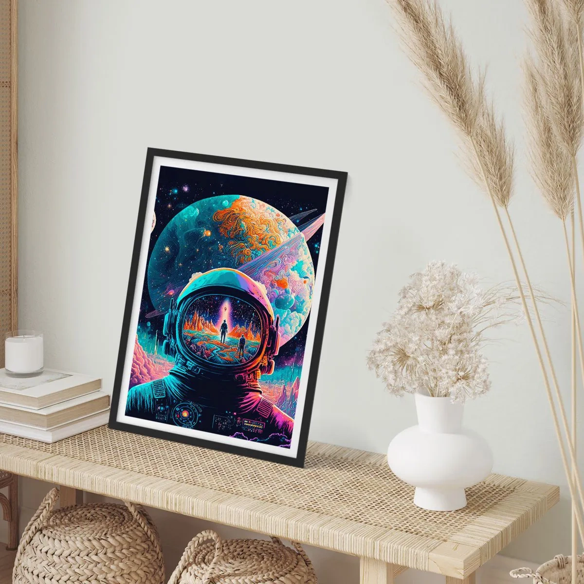 Poster în ramă neagră - Astronautul pe fundalul unui peisaj cosmic - 50x70cm - Visul nevisat al filozofiilor - Decorațiune modernă pentru perete pentru living și dormitor ARTTOR