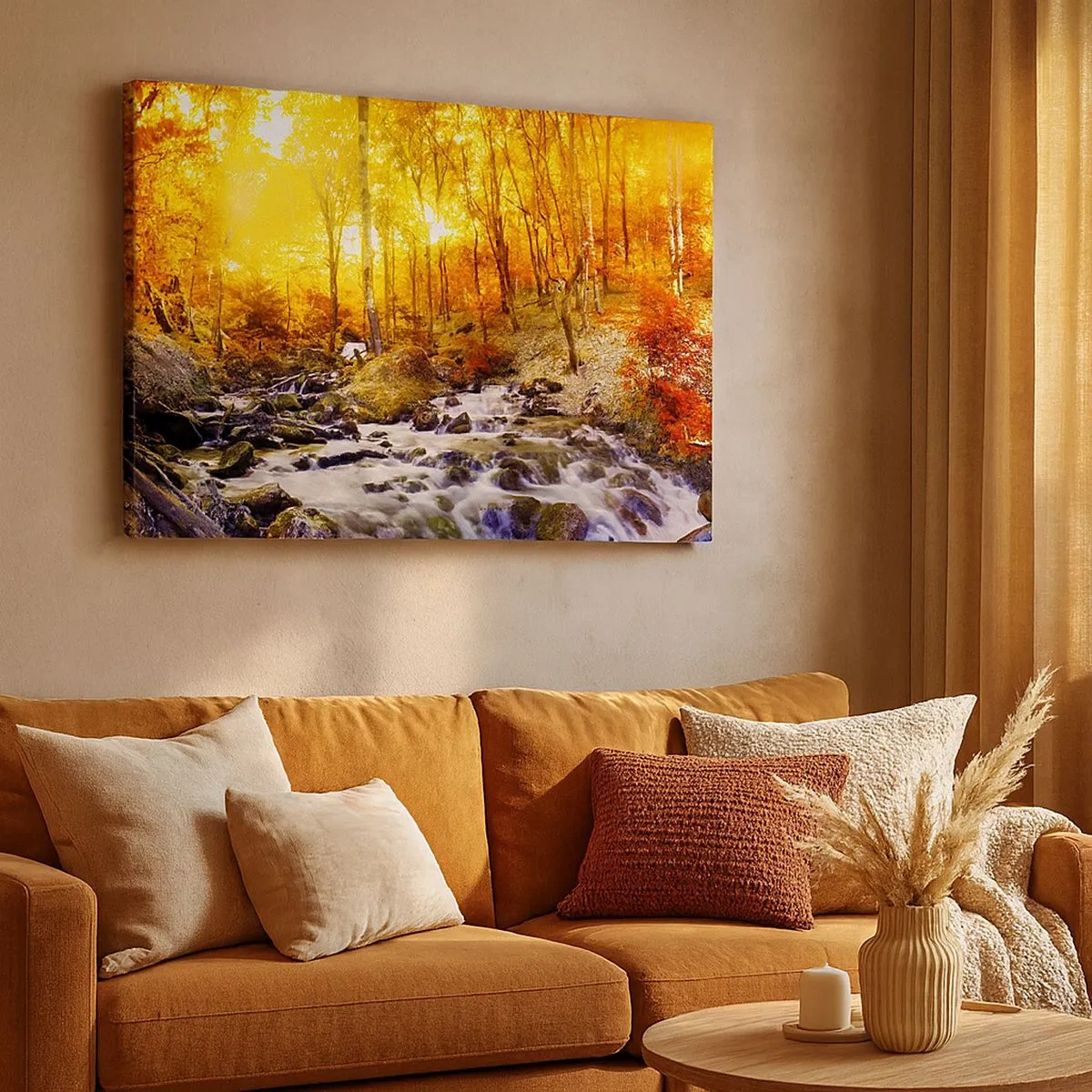 Tablou pe pânză Canvas - Pădure de toamnă cu un pârâu printre frunze aurii - 70x50cm - Pietre montate în aur și platină - Decorațiune modernă pentru perete pentru living și dormitor ARTTOR