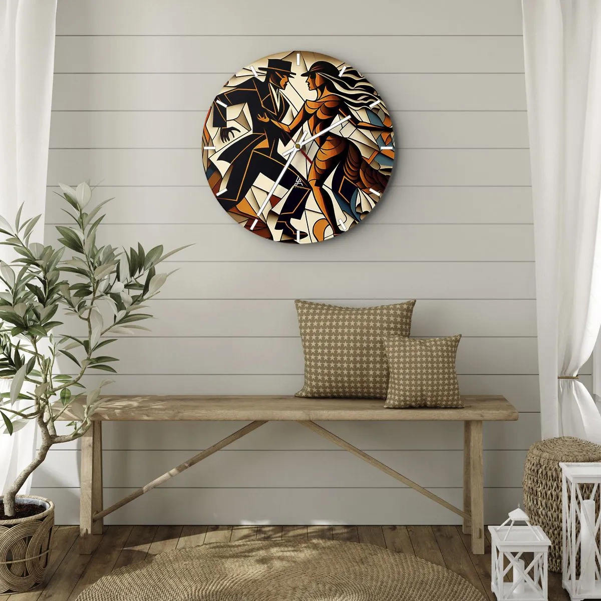 Ceas de perete - Ceas pe sticlă - Un cuplu dansând în stil Art Deco cu tonuri calde - 30x30cm - Dans cu pasiune - Decorațiune modernă pentru perete pentru living, bucătărie și dormitor ARTTOR