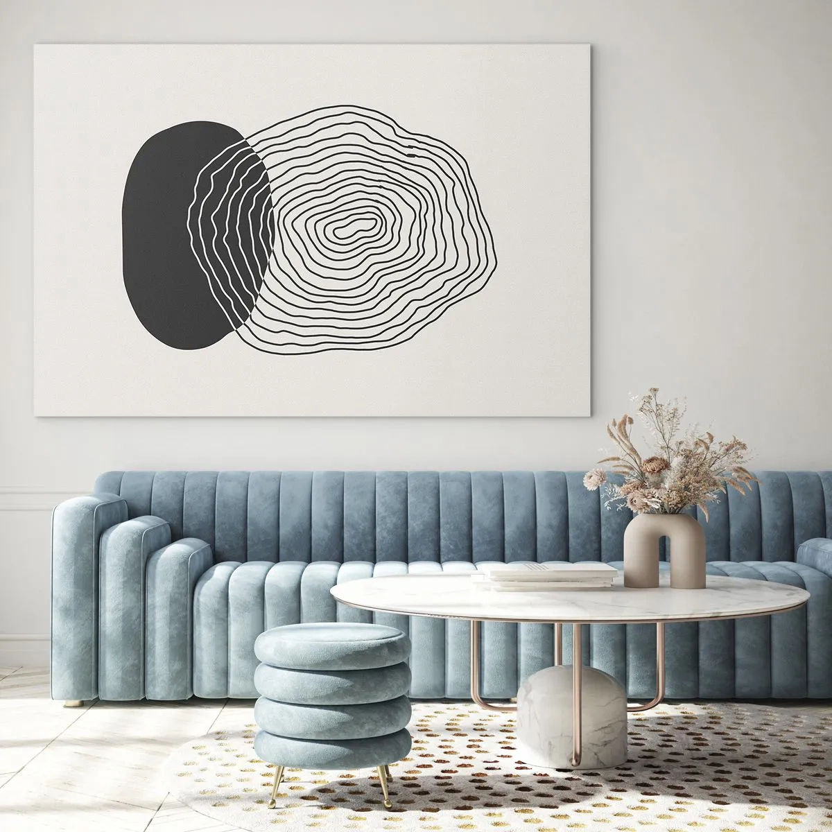 Tablou pe sticlă - Model abstract cu ovale și linii alb-negru - 70x50cm - Persistență și vibrațiile - Decorațiune modernă pentru perete pentru living și dormitor ARTTOR