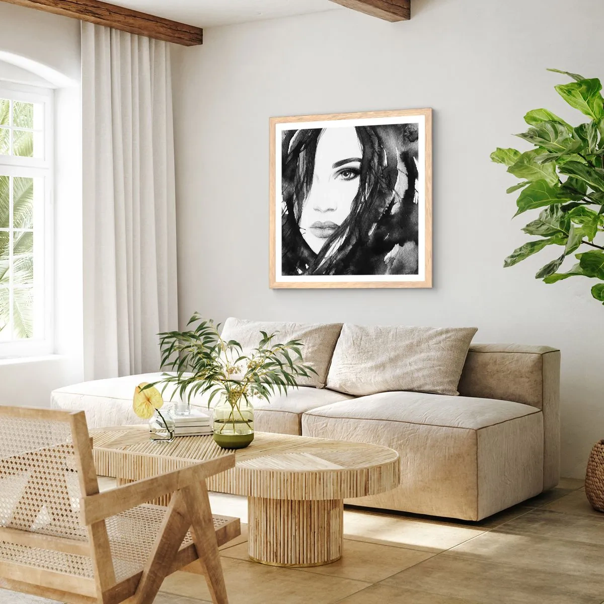 Poster în ramă de stejar deschis - Studiu unei dame în alb și negru - 30x30 cm