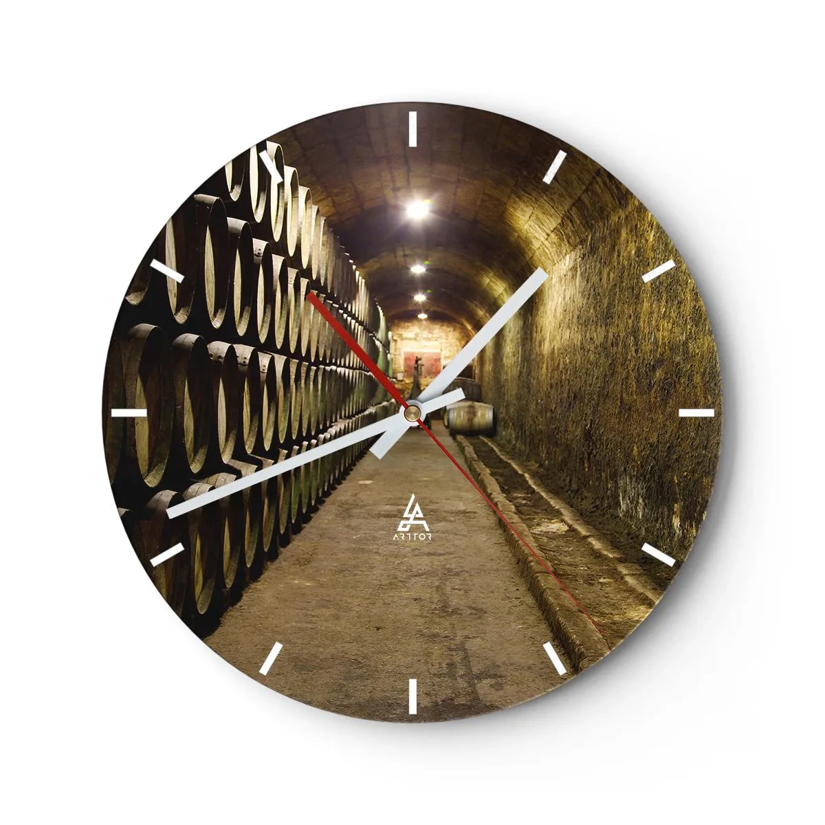 Ceas de perete - Ceas pe sticlă - Interiorul unei pivnițe cu butoaie de vin din lemn - 30x30cm - Este bine să te întinzi - Decorațiune modernă pentru perete pentru living, bucătărie și dormitor ARTTOR