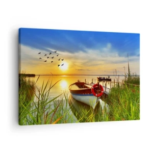 Tablou pe pânză Canvas - O barcă pe malul unui lac la apus - 70x50cm - Cormoranii pleacă deja - Decorațiune modernă pentru perete pentru living și dormitor ARTTOR