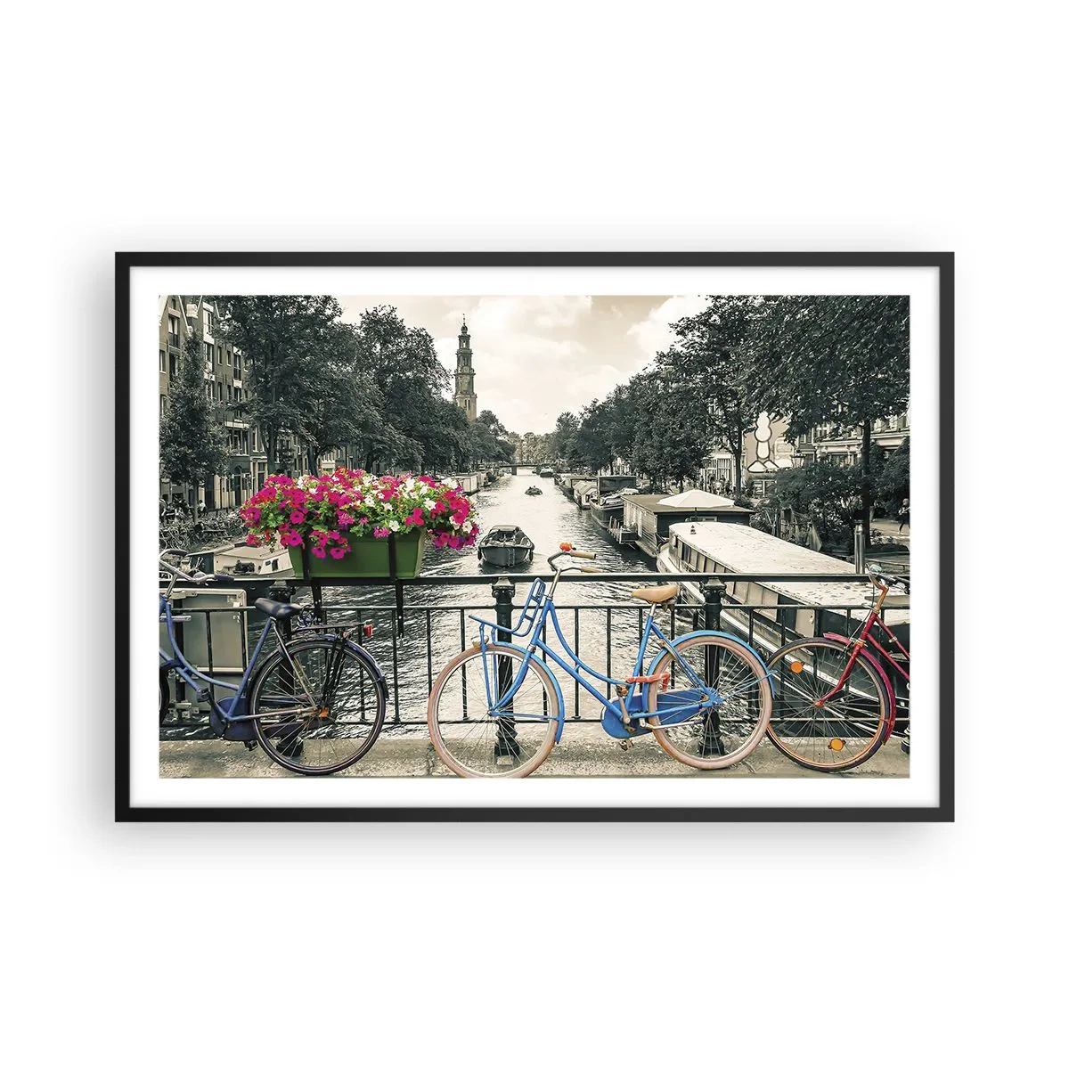 Poster în ramă neagră - Culorile unui canal din Amsterdam - 91x61 cm
