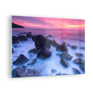 Tablou pe sticlă - Valuri care se sparg de stânci la apus - 70x50cm - Naștere în sclipici și ceață - Decorațiune modernă pentru perete pentru living și dormitor ARTTOR