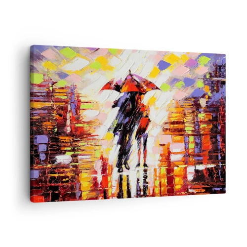 Tablou pe pânză Canvas - O scenă abstractă a unei plimbări sub o umbrelă într-o noapte ploioasă. - 70x50cm - Împreună prin noapte și ploaie - Decorațiune modernă pentru perete pentru living și dormitor ARTTOR