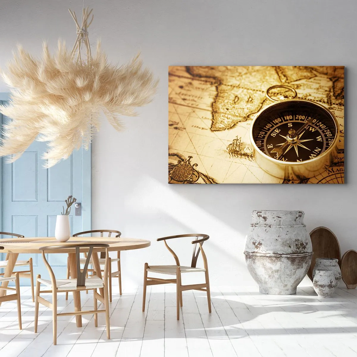 Tablou pe pânză Canvas - O busolă antică pe fundalul unei hărți vechi a lumii - 70x50cm - Est sau vest? - Decorațiune modernă pentru perete pentru living și dormitor ARTTOR