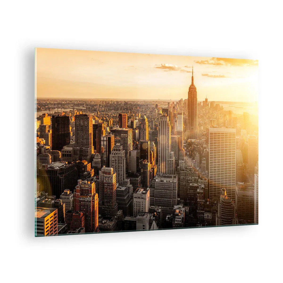 Tablou pe sticlă - Orizontul orașului New York la apus - 70x50cm - Crescând la soare - Decorațiune modernă pentru perete pentru living și dormitor ARTTOR