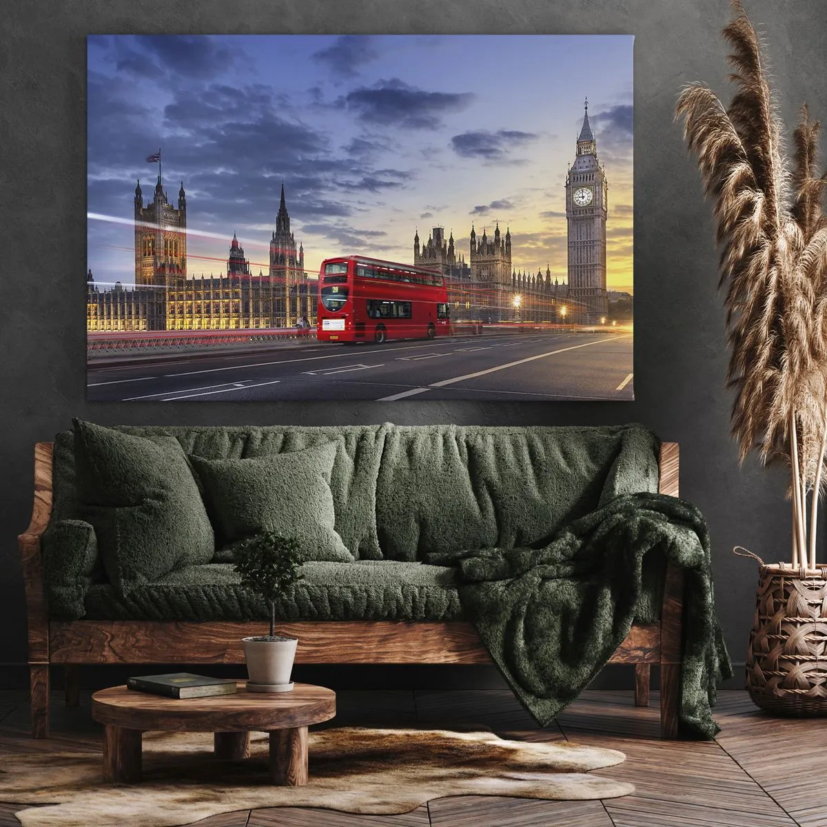 Tablou pe pânză Canvas - Un autobuz roșu cu Big Ben și Palatul Parlamentului în fundal la amurg. - 70x50cm - Semne distinctive - Decorațiune modernă pentru perete pentru living și dormitor ARTTOR