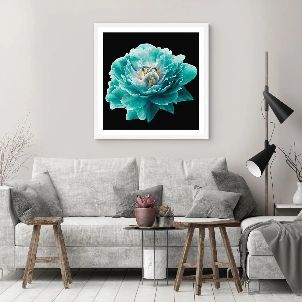 Poster în ramă albă - Petale albastre și aurii - 30x30 cm