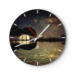 Ceas de perete - Ceas pe sticlă - Peisaj cu lac, copaci și cer înstelat noaptea - 30x30cm - O noapte la capătul lumii - Decorațiune modernă pentru perete pentru living, bucătărie și dormitor ARTTOR