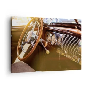 Tablou pe pânză Canvas - Prim-plan al interiorului unei mașini clasice cu detalii din lemn și crom. - 70x50cm - O adiere de lux din trecut - Decorațiune modernă pentru perete pentru living și dormitor ARTTOR