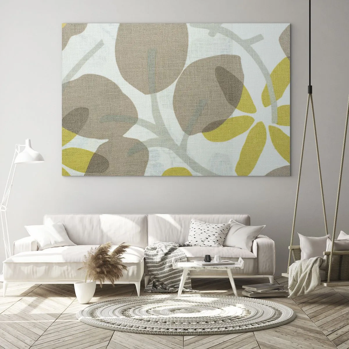Tablou pe sticlă - Frunze și flori stilizate în nuanțe pastelate de bej și galben - 70x50cm - Compoziție în plin soare - Decorațiune modernă pentru perete pentru living și dormitor ARTTOR