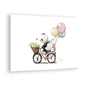 Tablou pe sticlă - Un panda care merge pe bicicletă cu baloane și un coș cu flori. - 70x50cm - O zi fericită - Decorațiune modernă pentru perete pentru living și dormitor ARTTOR