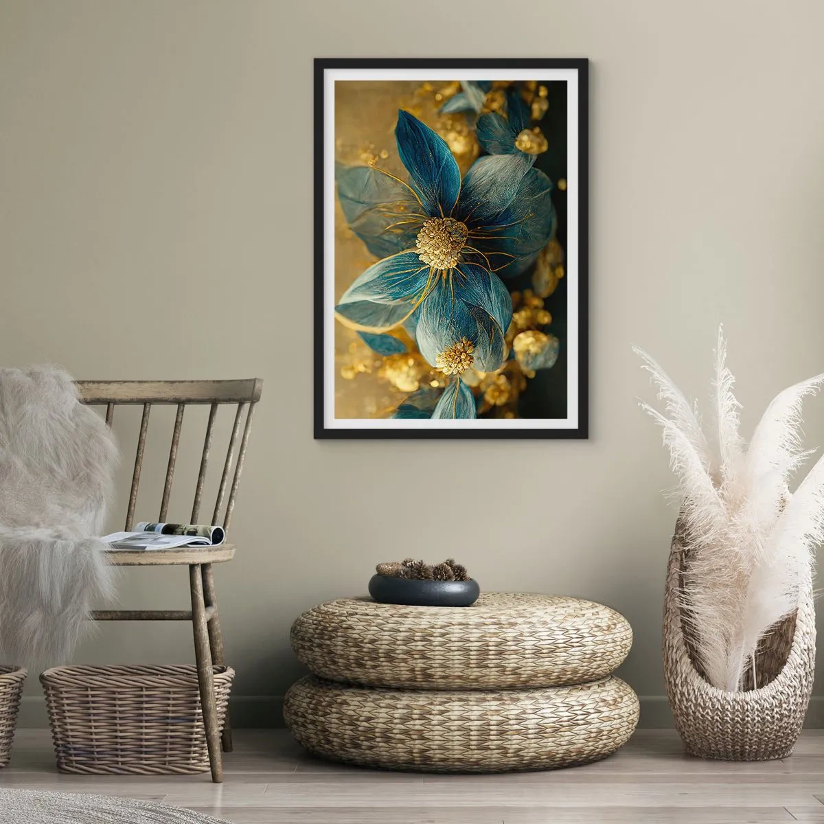 Poster în ramă neagră - Floare cu aur - 70x100 cm