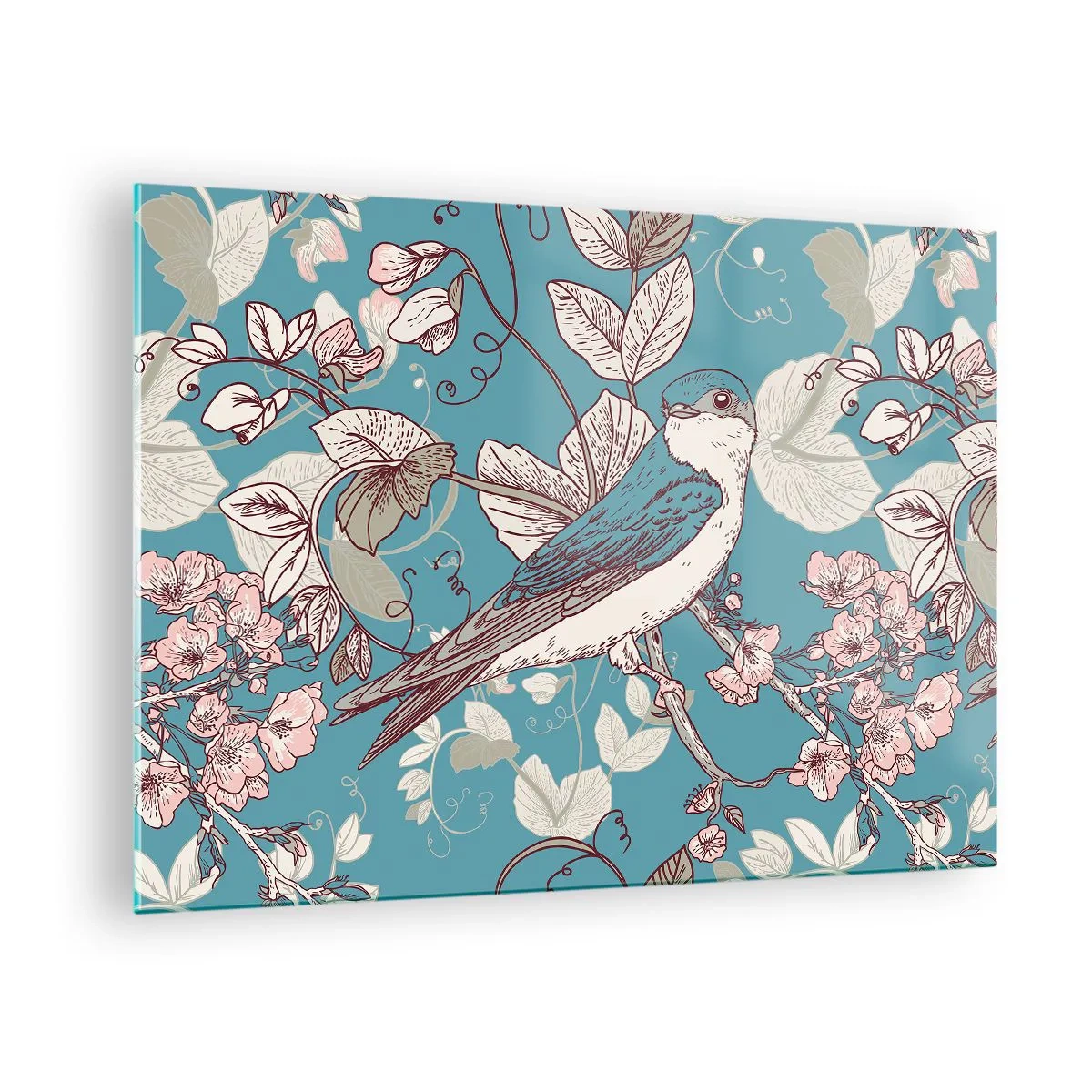 Tablou pe sticlă - pasăre pe o ramură printre flori pe un fundal turcoaz - 70x50cm - Ciripit în florile albe - Decorațiune modernă pentru perete pentru living și dormitor ARTTOR