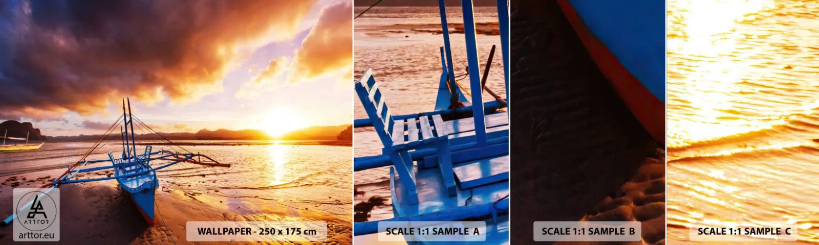 Mostră de Tapet Standard Eco - După o zi lungă, întindeți-vă pe nisip - Peisaj, Mare, Barca de pescuit - 100x30 cm