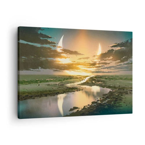 Tablou pe pânză Canvas - Un peisaj fantastic cu două luni la orizont - 70x50cm - Undeva într-o galaxie foarte, foarte îndepărtată - Decorațiune modernă pentru perete pentru living și dormitor ARTTOR