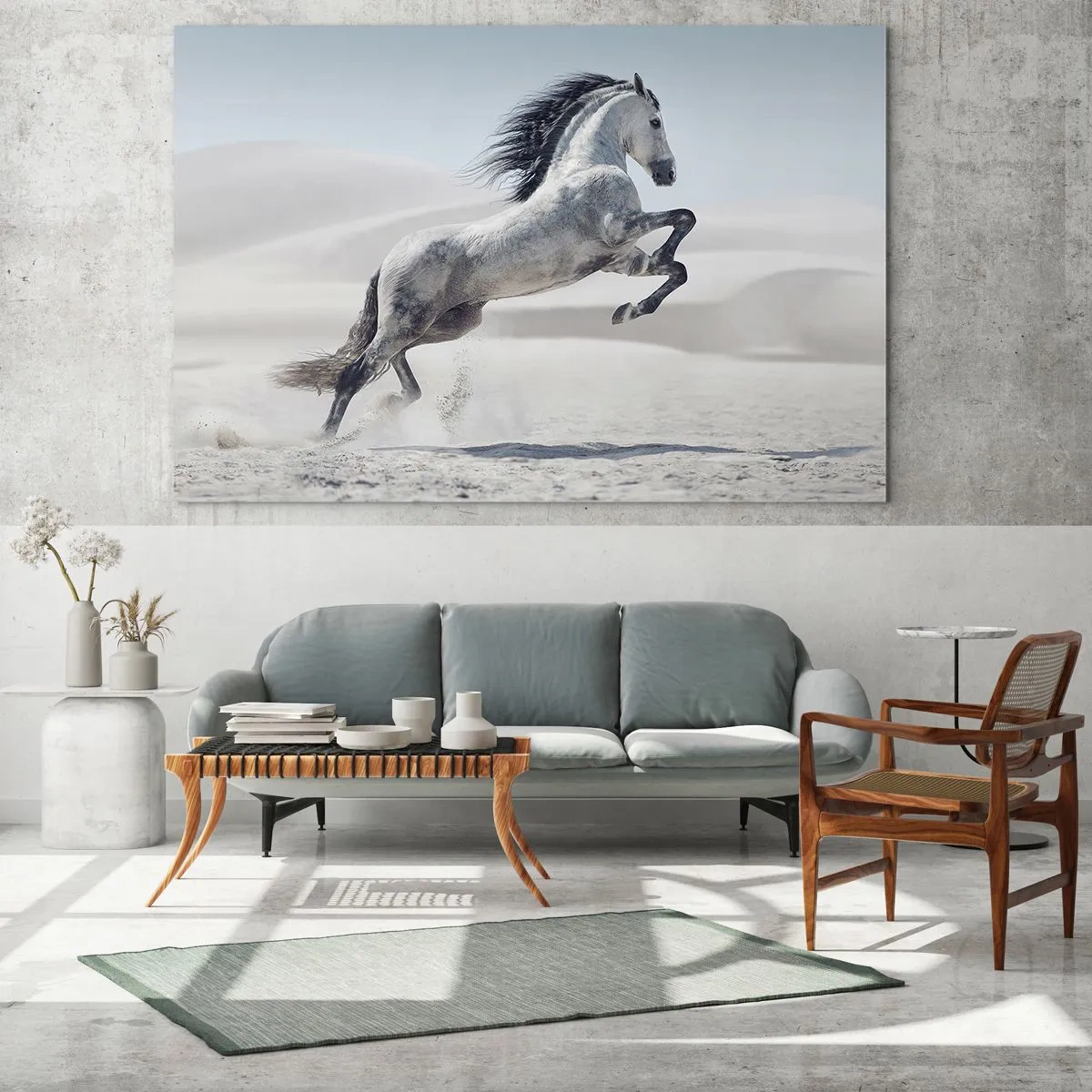 Tablou pe sticlă - Un cal alb sărind pe fundalul dunelor deșertice - 70x50cm - Prinț arab - Decorațiune modernă pentru perete pentru living și dormitor ARTTOR