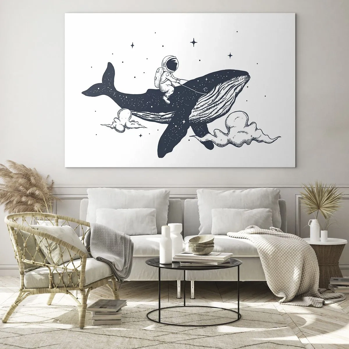 Tablou pe sticlă - Astronautul călărind o balenă printre stele și nori - 70x50cm - Aventura spațială - Decorațiune modernă pentru perete pentru living și dormitor ARTTOR