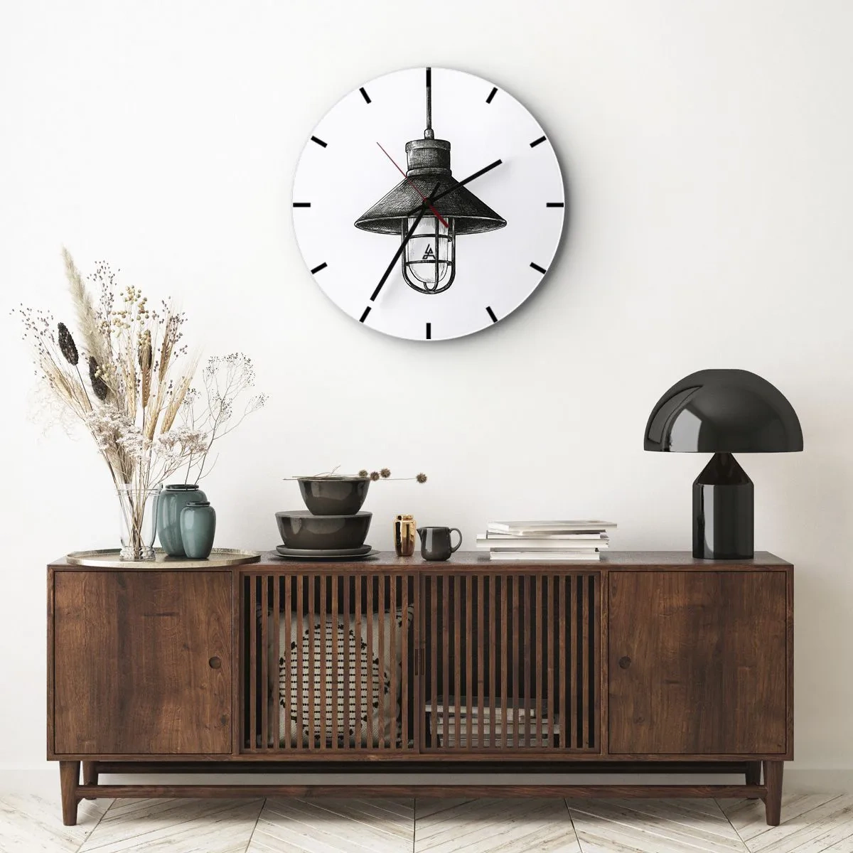 Ceas de perete - Ceas pe sticlă - Lampă suspendată industrială neagră pe fundal alb - 30x30cm - Cu mulți ani în urmă... - Decorațiune modernă pentru perete pentru living, bucătărie și dormitor ARTTOR